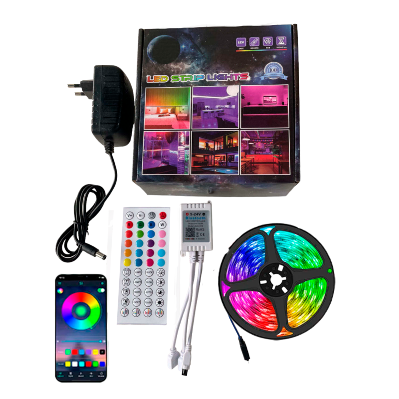 Світлодіодна Led стрічка 15м, Bluetooth, 44 кнопки ,блок живлення 12В, колір RGB 5050, підключення до смартфона, box