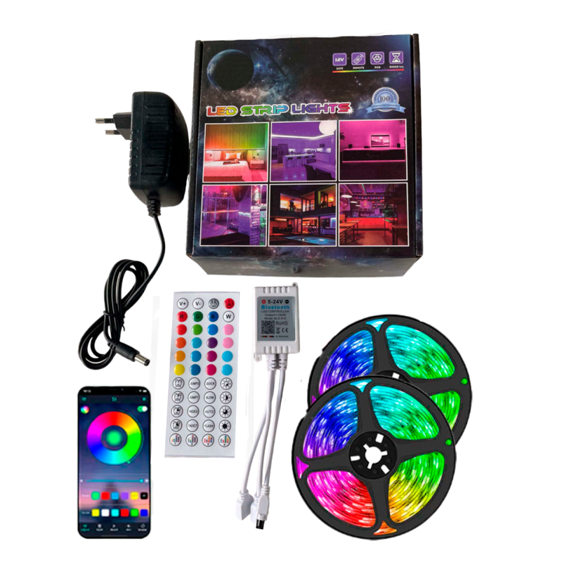 Світлодіодна Led стрічка 20м, Bluetooth, 44 кнопки ,блок живлення 12В, колір RGB 5050, підключення до смартфона, box