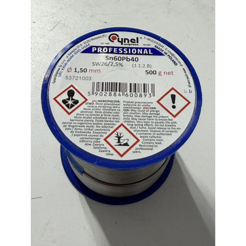 Припій  Cynel 0,5 кг Sn60Pb40 з флюсом 1,5 мм, котушка
